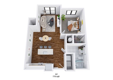 Floor plan for 1 bed, 1 bath, 788 sqft